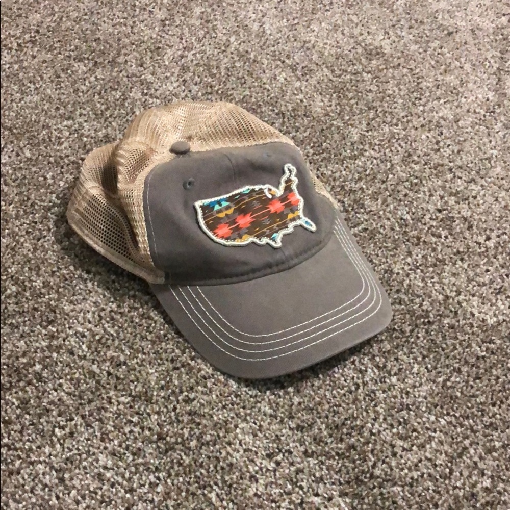 Gray and Tan Trucker Hat with USA Patch